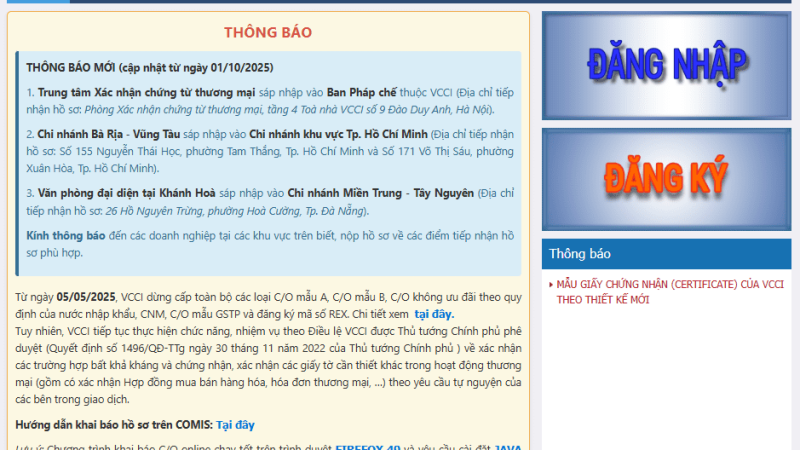 Thông báo mới nhất của VCCI về việc sát nhập thay đổi địa điểm tiếp nhận hồ sơ từ ngày 01/10/2025